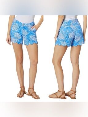 Lilly Pulitzer Boca Blue Buttercup Floral Scallop Hem Woven Knit Shorts 8